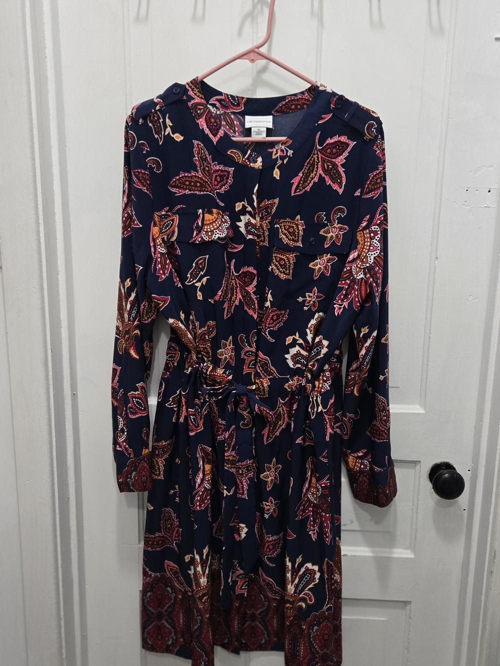 Liz Claiborne Navy Long-Sleeve Floral Paisley Dress with Pink and Orange Accents